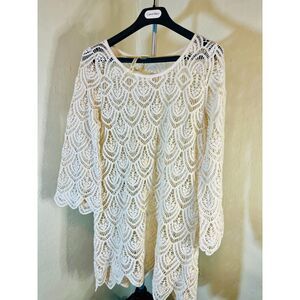Boho White Lace XL Tunic Top  Sheer Crochet  Festival / Beach